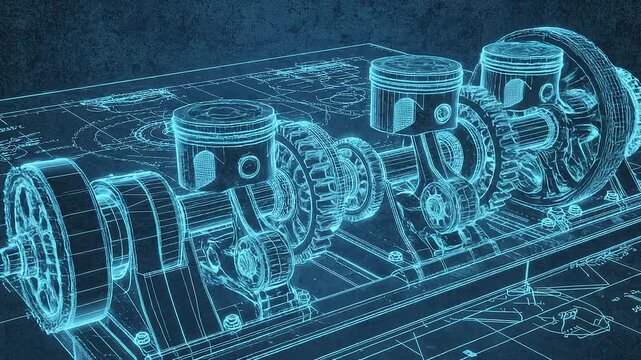 Futuristic mechanical blueprint with intricate gears and precision engineering. High-tech industrial design showcasing 3D wireframe components and...