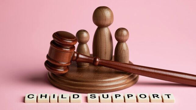 Wooden gavel and family figures on pink. Child support concept.