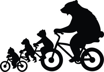 A large bear riding a bicycle with two small bear cubs riding on the back of the bike, black silhouette isolated on a white background © FAHIM