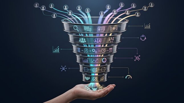 B2B lead generation marketing funnel visualizing data flow from target audience to business acquisition