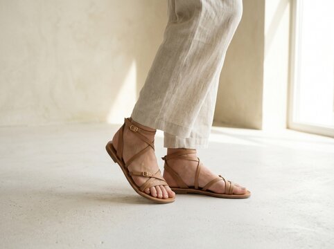 Woman walking in strappy flat sandals on light floor. Elegant barefoot step in minimalist leather footwear for summer fashion.