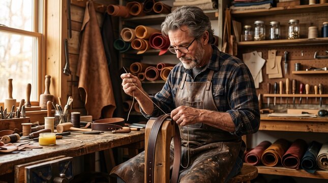 Leather Craftsman Working on Belt in Workshop