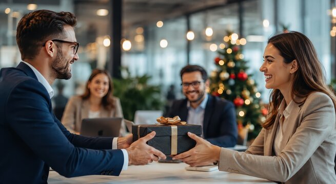 Business colleagues exchanging corporate holiday gift in office