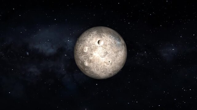 Cinematic view of a rotating rocky exoplanet in deep space with starfield background, universe galaxy