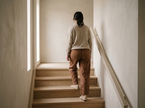 Woman walking up wooden stairs. Person climbing staircase in a minimalist interior.