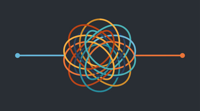 Abstract visualization of a complex problem with interwoven colorful lines forming a tangled knot