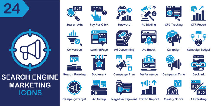 SEM solid icons collection. Containing sem, search, engine, marketing, ppc, ads, campaign and more. Solid vector icons collection. Vector Illustration.