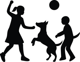 Black silhouette of a young boy and girl playing with a ball and a jumping dog on a plain white background for