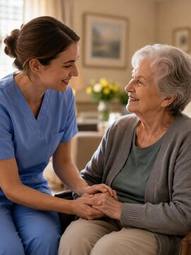 Caring nurse holding hands of smiling elderly woman in care home