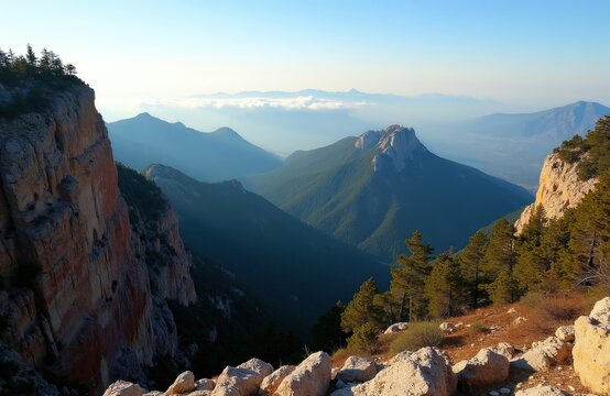 Majestic mountain range vista with deep valleys and rocky cliffs. Clear blue sky above hazy distant peaks. Evergreen trees dot rocky slopes and foreground.