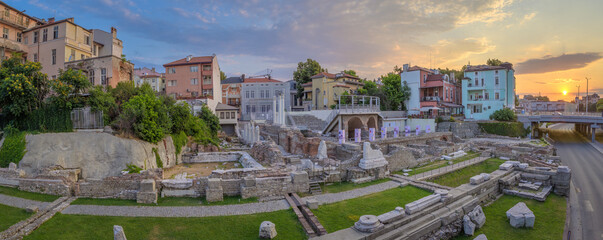 Fototapeta premium Panoramic view of the Ancient Roman Forum at sunset in Plovdiv, Bulgaria