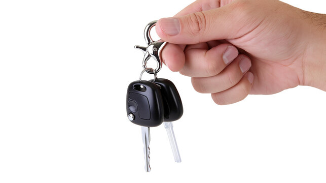 Hand holding car keys with remote fob and metal keychain