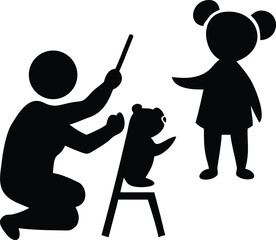 Black silhouette of a person teaching a small bear cub standing on a chair with a girl watching on a white background © FAHIM