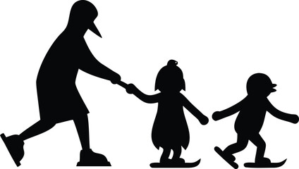 Black silhouette of a penguin holding hands with two children while skating on a white background, isolated © FAHIM