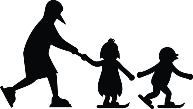 Black silhouette of a penguin holding hands with two children while skating on a white background, isolated