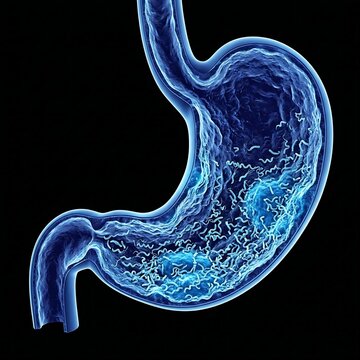 scan of Stomach with Helicobacter Pylori Colonization: stomach lining with numerous small, spiral-shaped H. Pylori bacteria densely colonized on the surface mucosa, causing irritation. 