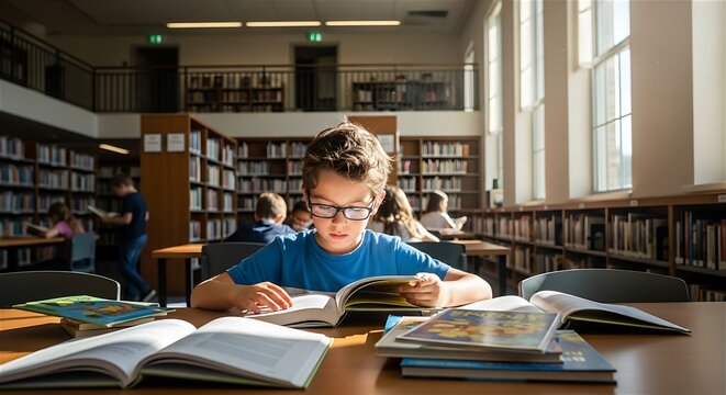 Young Boy With Glasses Reading Book Sitting At Table In School Library With Bookshelves