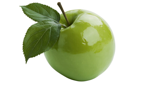 Shiny green apple with two leaves and stem