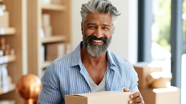 Portrait of Indian small business owner smiling in shop interior with cardboard box, gray hair, beard, casual shirt