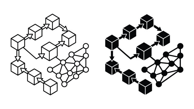 Blockchain technology network connection nodes and cube blocks with blockchain