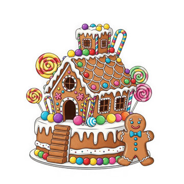 A gingerbread house with candy and a gingerbread man