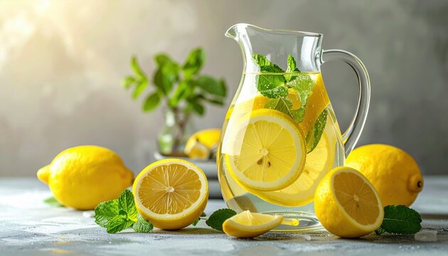 glass pitcher with fresh lemon water