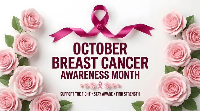 October Breast Cancer Awareness Month pink ribbon with roses banner