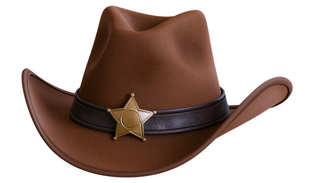 Brown cowboy hat with sheriff star badge and leather band