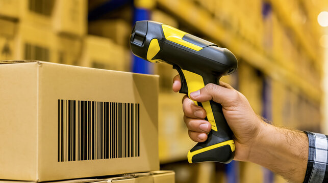 Warehouse worker scanning box in warehouse aisle with barcode reader, inventory control