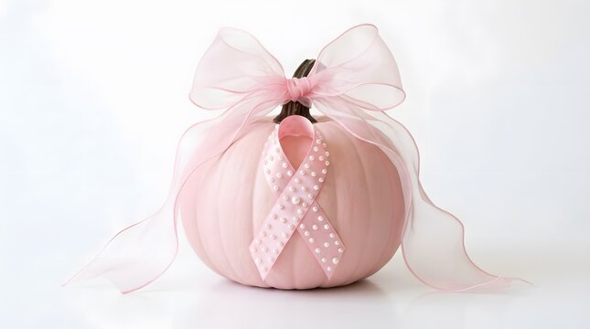Pink pumpkin decorated with pink ribbon for breast cancer awareness