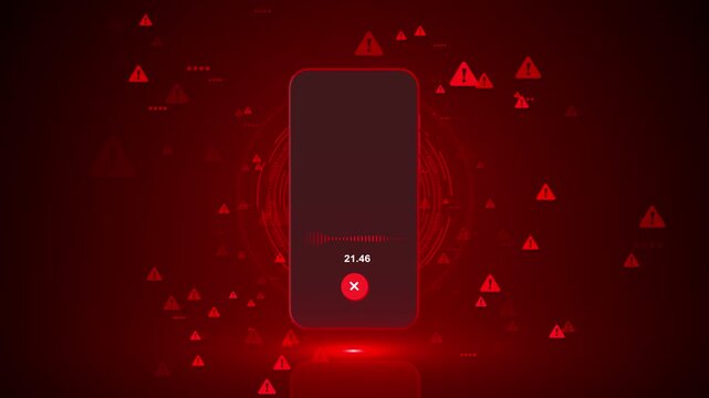 Red mobile security alert background phone screen, warning icons, cyber risk symbols, digital danger mood. scam awareness videos, app security intros, fraud alerts, malware explainers, tech protection