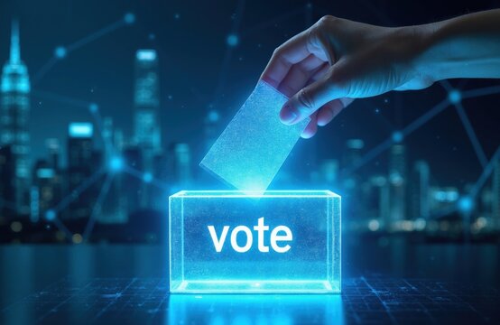 Hand inserts glowing card into transparent vote box. Digital futuristic city background with glowing network lines. Modern e voting concept.