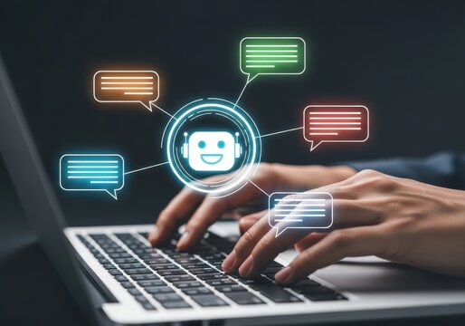 Person typing on a laptop with a digital ai chatbot interface overlay