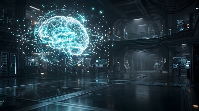 Futuristic conceptual image of a glowing digital brain surrounded by orbital particle rings floating inside an advanced sci-fi control room or facility.