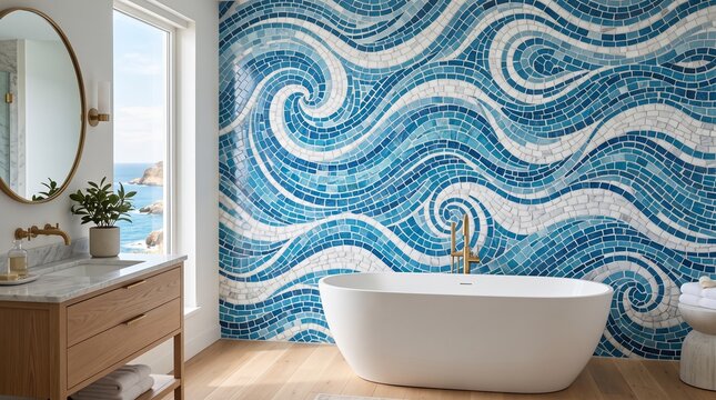 Coastal bathroom featuring artistic ocean wave mosaic tiled wall bathroom artistic interior architecture sunlight renovation sanctuary relaxation beautiful craftsmanship turquoise