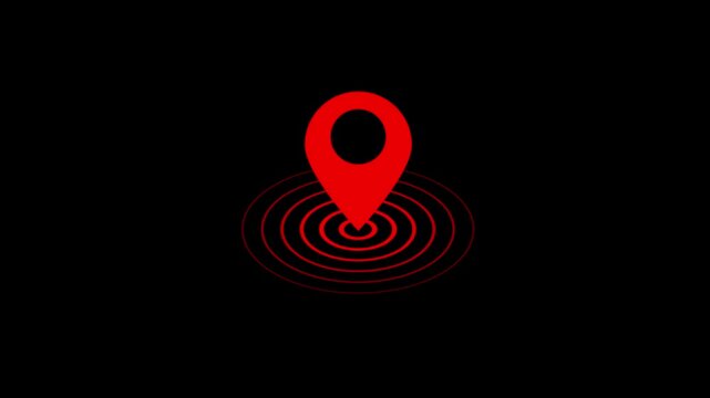 Red map location pin with pulsing radar circles animation on black background, navigation