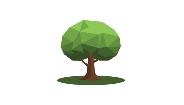 Low poly geometric style green tree illustration isolated on a clean white background with grass ground circle.