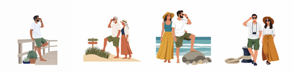 Fototapeta premium Flat illustration set of diverse people and couples enjoying summer vacations at the beach, seaside, and on coastal adventures.