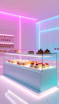 Modern bakery display case interior.