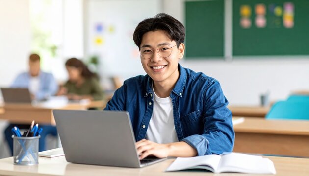 happy student studying with laptop bright classroom
