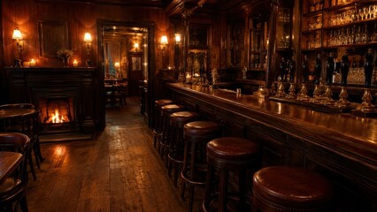 Obraz premium Cozy traditional English pub interior with dark wood and brass