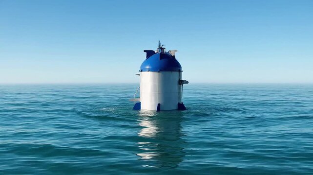Floating ocean marker buoy bobbing in calm blue water surface during this marine research