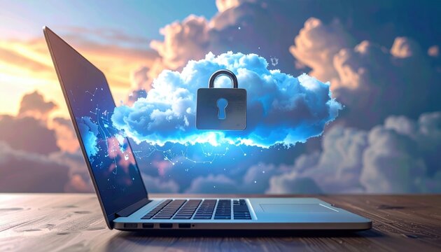 secure cloud storage floating above laptop