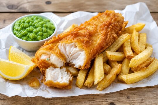 Crispy fish and chips with lemon and peas on paper