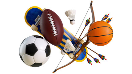 Sports equipment collection soccer ball basketball American football skateboard bow and arrows, shuttlecocks © Veikko