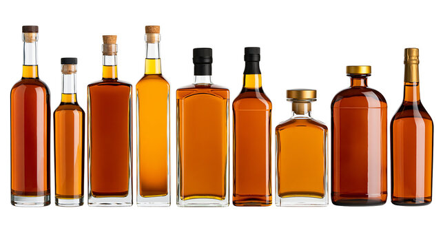 Assortment of amber liquid filled glass bottles with corks and caps