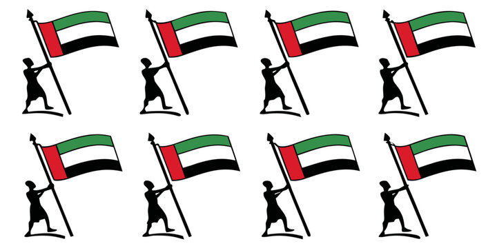Uae flag silhouettes with black cane figures on white background, united arab emirates, flag national flag
