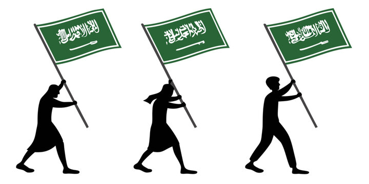 Saudi arabia flag held by three people in black silhouette, white background, green flag white, arabic script