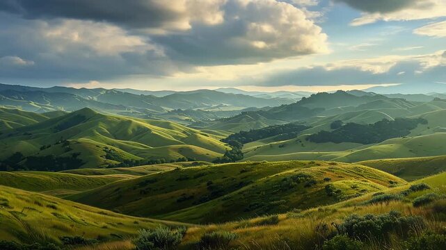 Rolling hills timelapse cloud shadows drifting across slopes light shifting gently over