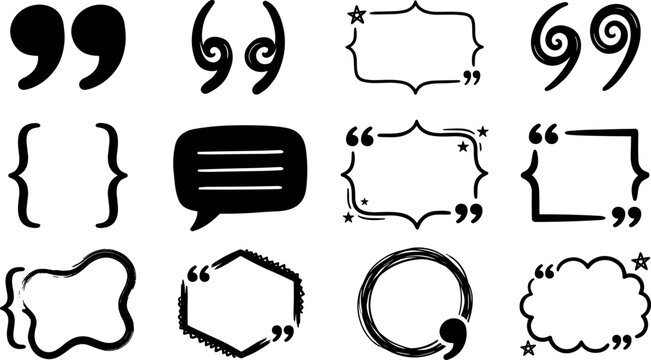 Quote Box and Speech Bubble Silhouette Icon Set with Decorative Frames Brackets Commas and Text Borders for Blog Testimonial and Typography Designs